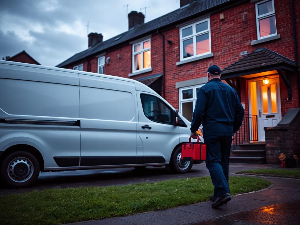 South Wales Boiler Repair engineer arriving at a terraced house with his van at dusk